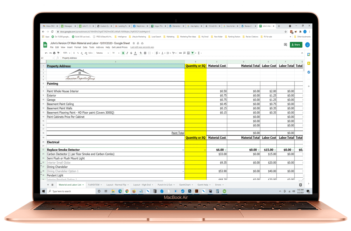 Google spreadsheet application for a home remodeler- its a quote building system